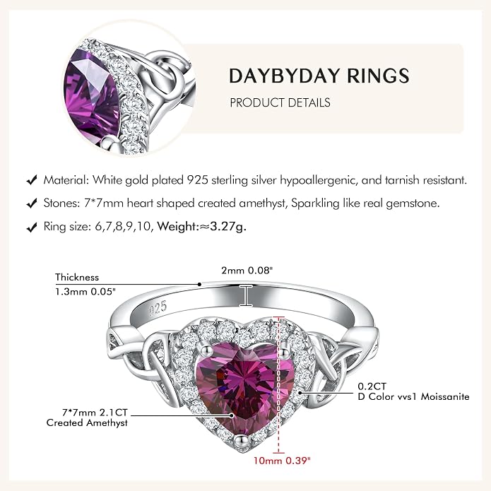DAYBYDAY Celtic Birthstone Rings for Women 925 Sterling Silver Heart/Round/Pear/Oval Created Gemstone Moissanite Halo Engagement Promise Rings for Her Wife Birthday Anniversary Wedding Jewelry