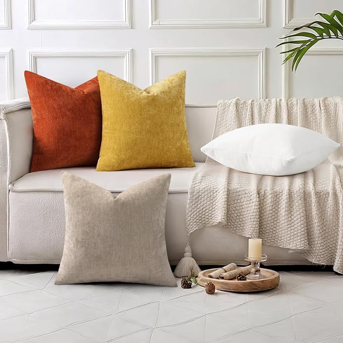 decorUhome Soft Chenille Cream White Throw Pillow Covers 20X20 Set of 2 | Decorative Fall Couch Pillow Covers Solid Dyed Accent Modern Farmhouse Neutral Square Pillow Cases for Sofa