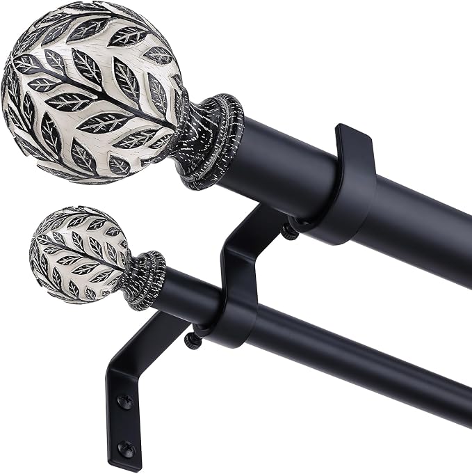 Boho Decorative Double Curtain Rod, 36-122 Inch, Matte Black | Handmade Leaf Finials, Heavy Duty Adjustable Long Rustic Metal Dual Layer Curtain Rods, 40 lb Capacity, Easy to Install