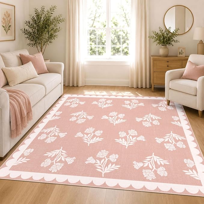 Pink Square Rugs 5ft - Soft Washable Boho Floral Girls Bedroom Rug 5x5 Stain Resistant Scalloped Dining Room Rugs for Under Table Cute Square Area Rug for Living Room Nursery Kids Room Carpet