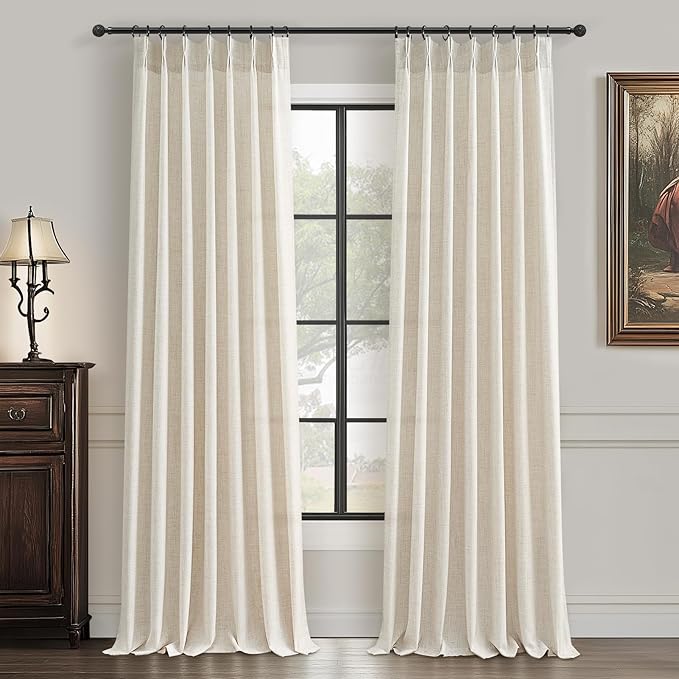Pleated Extra Long 132 Inch Curtains for Living Room, Luxury Ivory Thick Linen Pinch Pleat Sheer Floor to Ceiling Drapes for Sliding Glass Doors 2 Panels Set Light Filtering Large Windows 11FT Curtain