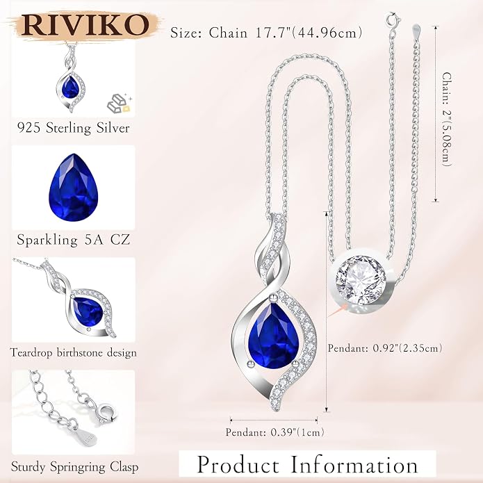 RIVIKO Valentines Day Gifts for Her-Infinity Birthstone Necklace for Women,925 Sterling Silver Teardrop Necklace, Womens Jewelry Birthday Gifts for Women Friend Her Mom Wife Lady