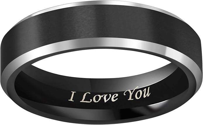 CROWNAL 4mm 6mm 8mm Black Tungsten Couple Wedding Bands Rings Men Women Polished Beveled Edges Matte Brushed Finish Engraved I Love You Size 3.5 To 17