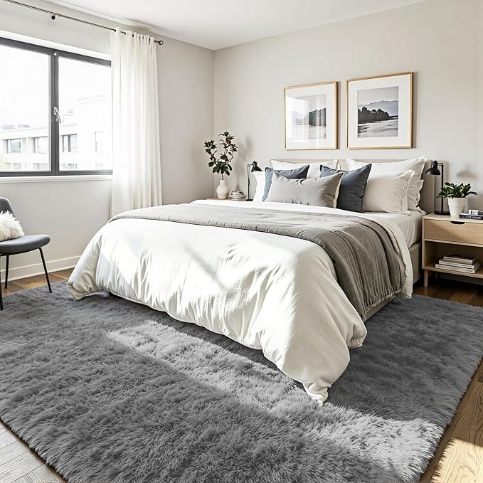 5x8 Area Rug for Living Room, Ultra Soft Fluffy Light Grey Rugs for Bedroom, Non Slip Large Shag Carpet, Fuzzy Plush Nursery Rug, Thick Washable Indoor Floor Carpets for Kids Office Dorm Home Decor