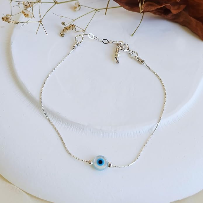 Minimalist Evil Eye Charm Bracelet – Handmade Delicate Good Luck Jewelry for Women – Adjustable 6.5” + 1” Extender