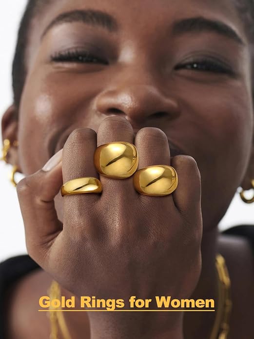 U7 Chunky Gold Dome Rings for Women, Stainless Steel/18KGold Plated/Black Statement Ring Non Tarnish Women Rings, Size 7-12