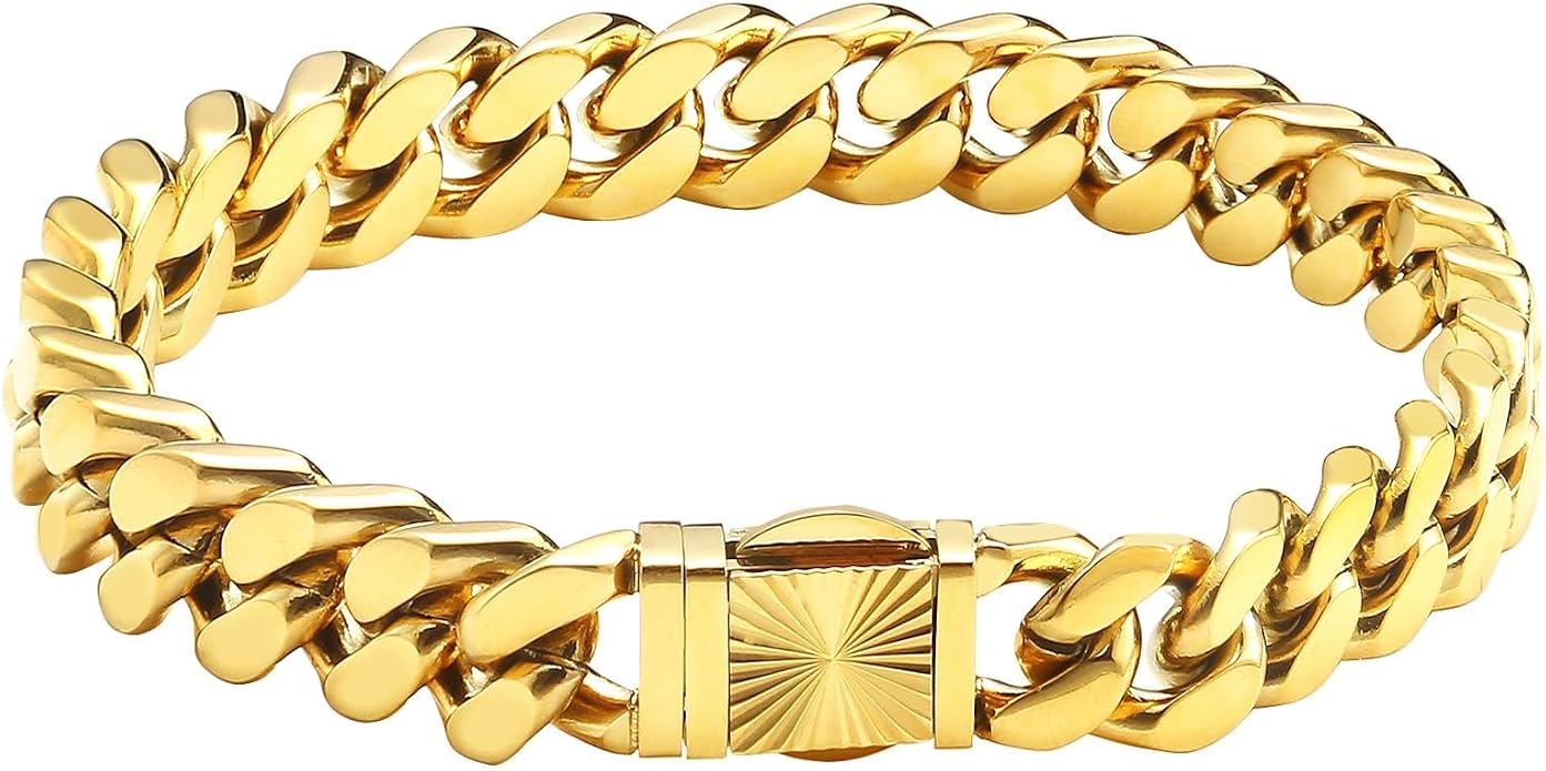 CaptainSteeL Cuban Link Chain Bracelet for Men- 316L Stainless Steel 9/10MM Width Fashion Pattern Snap Button Hip Hop Jewelry,Two Style Cuban Bracelets 18K Gold Plated/Stainless Steel with Gift Box