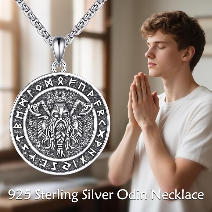 Viking Odin Necklace for Men 925 Sterling Silver Norse Odin Pendant Viking Runes Amulet Necklace Pagan Jewelry Gifts for Husband