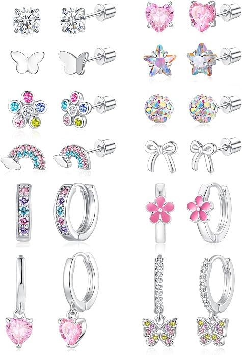 Hypoallergenic Screw Back Earrings for Women Girls Kids Surgical Steel Earrings for Sensitive Ears Cute Heart CZ Flower Butterfly Toddler Girl Earrings Screwback Studs Hoops