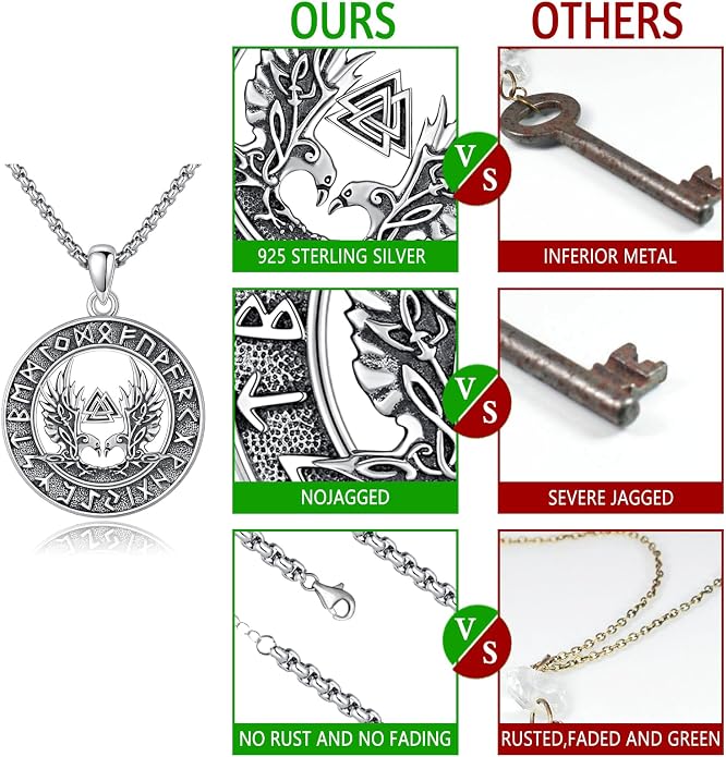 Eusense Viking Necklace for Men Women 925 Sterling Silver Pendant Thors Hammer/Norse Runes/Odin's Ravens/Wolf/Dragon/Snake/Yggdrasil/Freya/Helm of Awe/Valknut/Triskelion/Axe/Shield Viking Jewelry