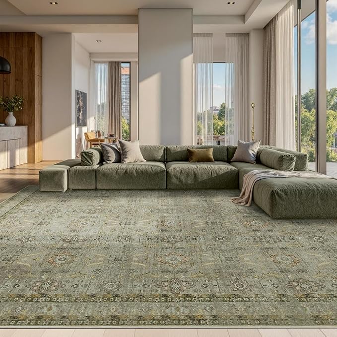 Rugxara 10x14 Area Rugs for Living Room Large Washable Rug, Olive Brown | Non Slip, Rug for Bedroom Dining Room Office Farmhouse, Stain Resistant, Soft, Low Pile, Vintage Boho Carpet, Home Decor