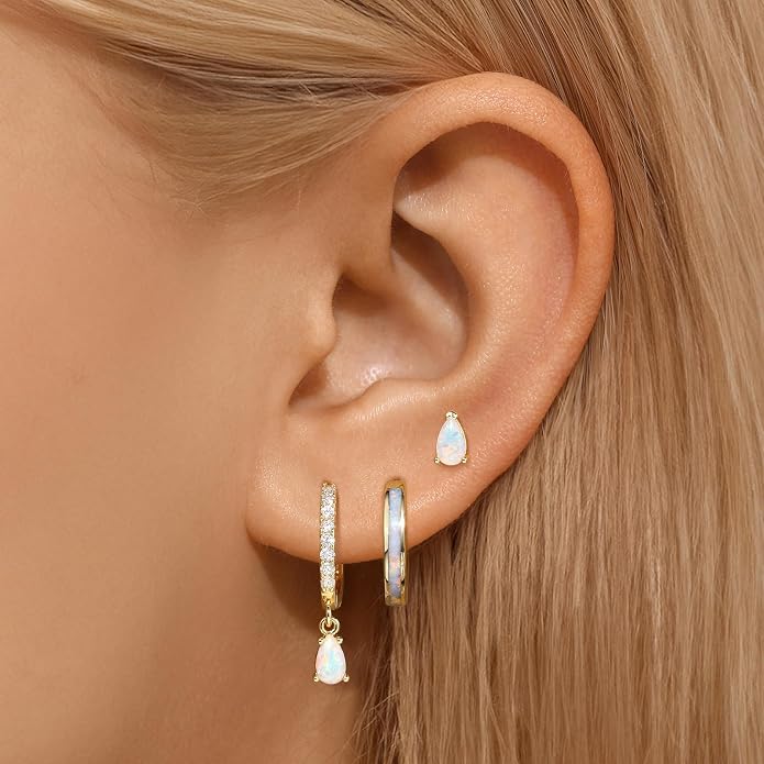 Opal Earrings Set for Women, Birthday Gift for Her, Sterling Silver | 14K Gold Plated, Hypoallergenic S925 Opal Hoop Stud Earrings for Women with Sensitive Ears, Dainty earring Stacks—Trendy Opals Jewelry 2026