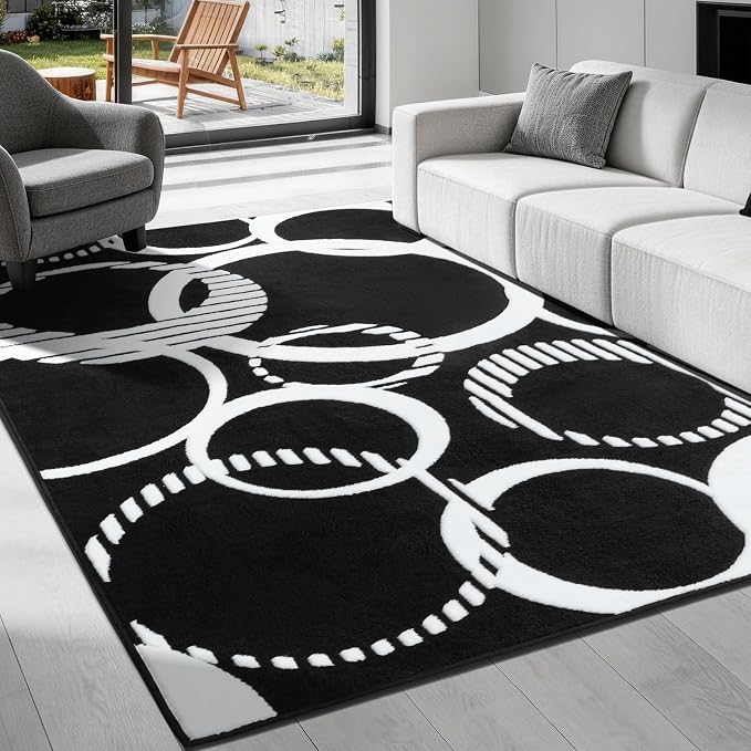 YIHOUSE Black and White Rug Washable 5x7 Area Rugs for Living Room | High and Low Pile Modern Rug for Bedroom Non Slip, Soft Modern 3D Textured Carpet for Dining Room Playroom Home Office Decor