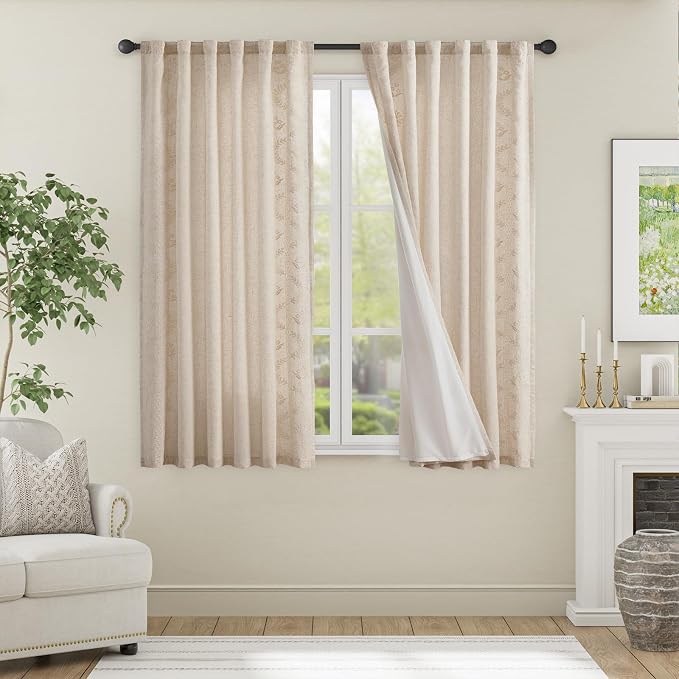 jinchan Floral Lined Linen Curtains 63 Inch Rod Pocket 2 Panels Ivory | Embroidered curtains,privacy lining,boho curtains,light filtering,living room,bedroom,flower patterned,window treatment