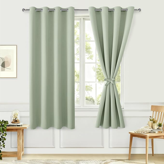 Hiasan Blackout Curtains for Bedroom, 52 x 63 Inches Length - Thermal Insulated & Light Blocking Window Curtains for Living Room/Kids Room, 2 Drape Panels Sewn with Tiebacks, Seafoam Green