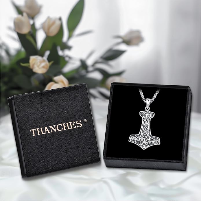 Viking Thor's Hammer Necklace for Men Women, S925 Sterling Silver Vintage Norse Talisman Mjolnir Necklace Amulet Pendant Jewelry Gifts with Sturdy Box Chain