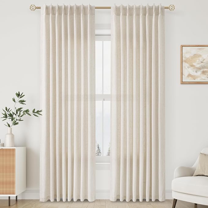 Aersas Natural Pinch Pleat Linen Curtains 84 Inch Length 2 Panels Set for Bedroom Dining Room Semi Sheer Linen Boho Farmhouse Neutral Window Curtains 84 Inches Long for Living Room Nursery 50x84