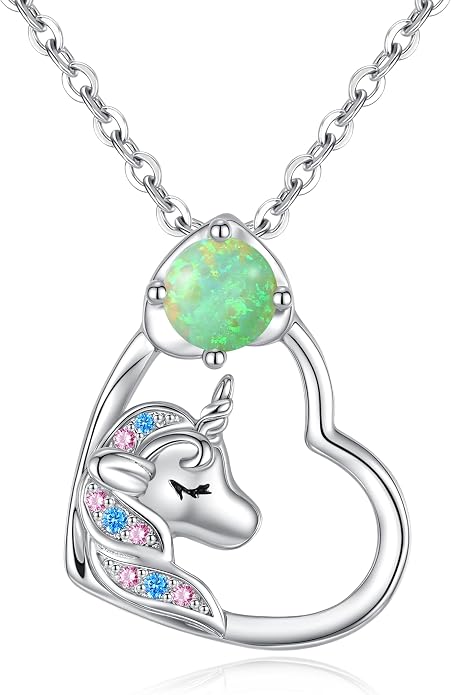 CDE Christmas Gift for women Cute Unicorn Birthstone Necklace for Girls Daughter 925 Sterling Silver Opal Heart Pendant Graduation Birthday Christmas Jewelry Gift for Teenage Girls Niece