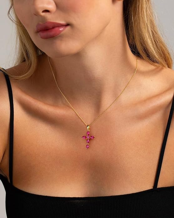 14K Gold Plated 925 Sterling Silver Birthstone Cross Necklace for Women Men
