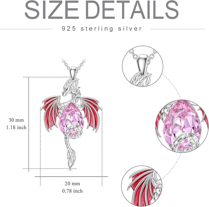 Dragon Necklace for Men Sterling Silver Birthstone Wyvern Necklace Embllished with Teardrop Shaped Crystal Jewelry for Women