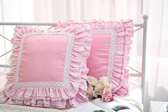 2-Pack Luxury Lace Pink Euro Shams Throw Pillow Covers Cushion Cases with Ruffles Cotton 26"X26" Zipper Closure Elegant