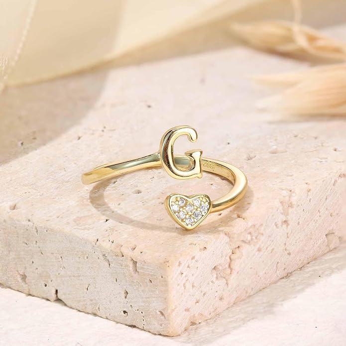 MILACOLATO 925 Sterling Silver Initial Rings for Women Teen Girl 18K Gold Plated Heart Initial Rings Adjustable Capital Letter Ring Stackable Thumb Pinky Rings for Daughter Birthday Bridesmaid Gifts Jewelry, A to Z