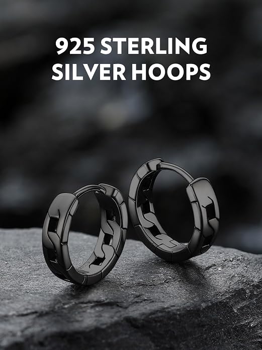 Bandmax 925 Sterling Silver Black Huggie Hoop Earrings 10mm Small Hypoallergenic Cartilage Piercing Jewelry for Women Men Gift