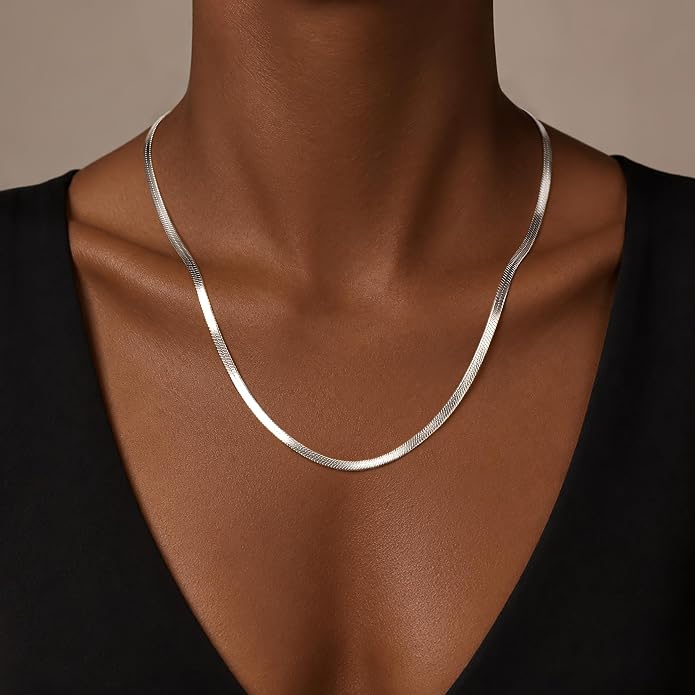 WomenGifts 14K Gold Silver Plated Herringbone Necklace for Women, Dainty Snake Chain Choker, Trendy Simple Long Layered Jewelry Non Tarnish, 3/4/5/8mm,14,16,18,20,22,24,26 Inch Thin & Chunky Options