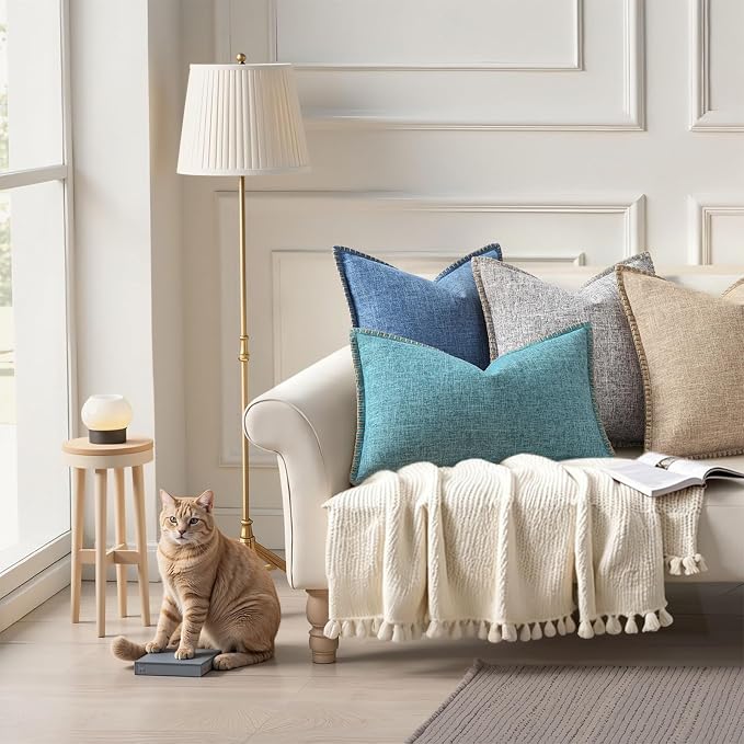 decorUhome Taupe Faux Linen Outdoor Throw Pillow Covers 12x20 Set of 2 | Fall Decorative Textured Neutral Modern Farmhouse Pillow Covers with Stitched Edge for Couch Sofa Bed Living Room