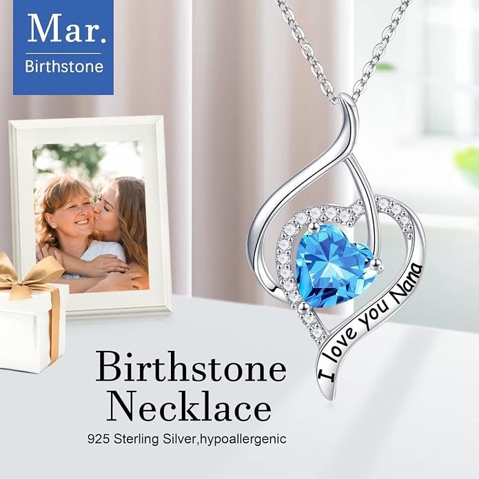 Nana Gifts Sterling Silver Heart Birthstone Necklaces, I Love You Nana Gifts for Mothers, Grandma