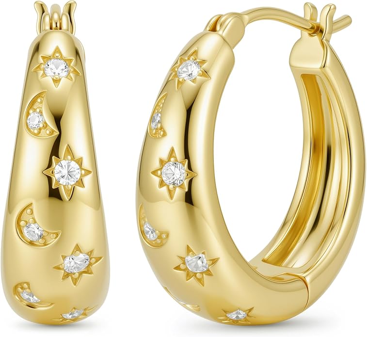 Gold Moon Star Earrings 14K Gold Earrings for Women 20mm Chunky Celestial Huggie Hoop Earrings Jewelry Gift for Girlfriend Mom