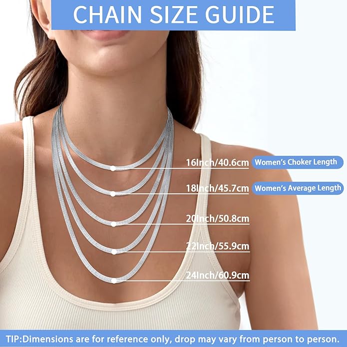 Jewlpire 3mm 4mm 5mm Herringbone Necklace 18K Gold Plated 925 Sterling Silver Chain Necklace for Women, Flat Snake Chain Necklace, Women's Chains Necklaces 16 18 20 22 24 Inch