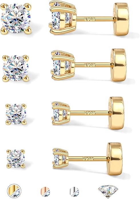 GEMQUEEN 3/4 Pairs Moissanite Earrings Studs 14K Gold Plated S925 Sterling Silver Flat Back Earring for Women Men - Hypoallergenic Set Cartilage Helix Piercing Jewelry Trendy D Color VVS1