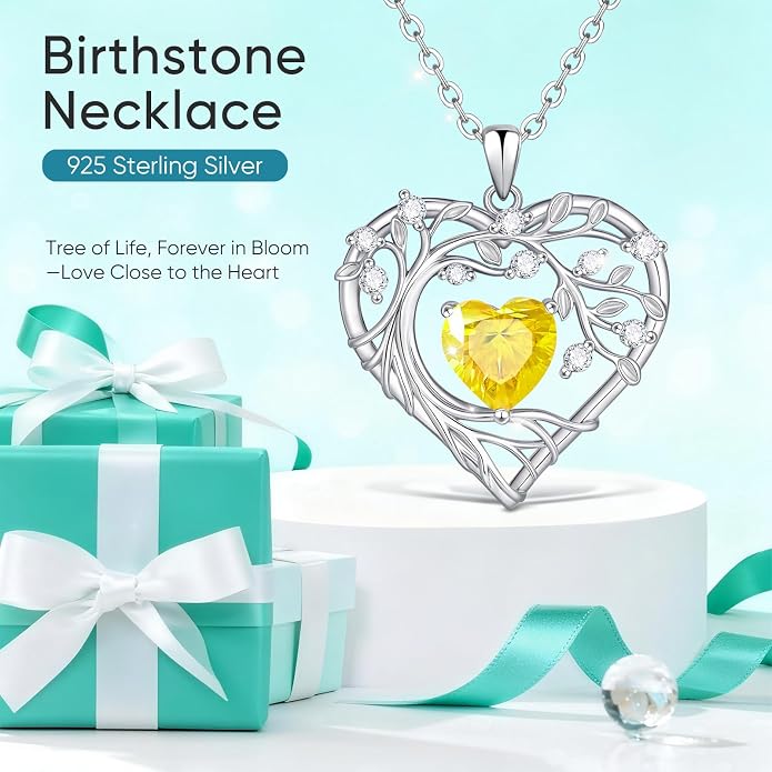 Tree of Life Birthstone Pendant Necklace - 925 Sterling Silver Heart Cubic Zirconia Diamond Women Pendant Necklaces for Her Daughter Girlfriend Birthday Gift Ideas for Wife Mom for Valentines Day