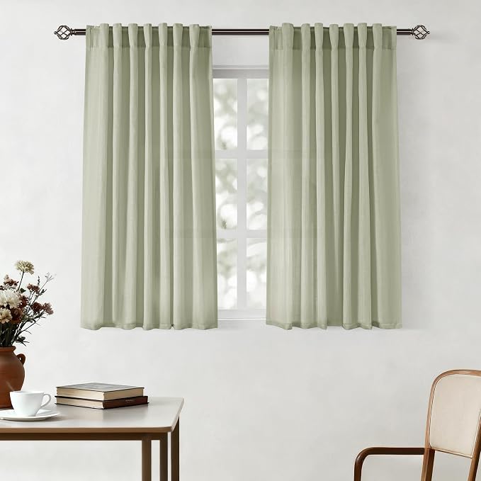 Linen Blend Sage Green Curtains 45 inch Length 2 Panels for Bedroom Back Tab Light Filtering Semi Sheer Drapes Linen Cotton Textured Light Green Airy Modern Farmhouse Living Room Sage Aesthetic Decor
