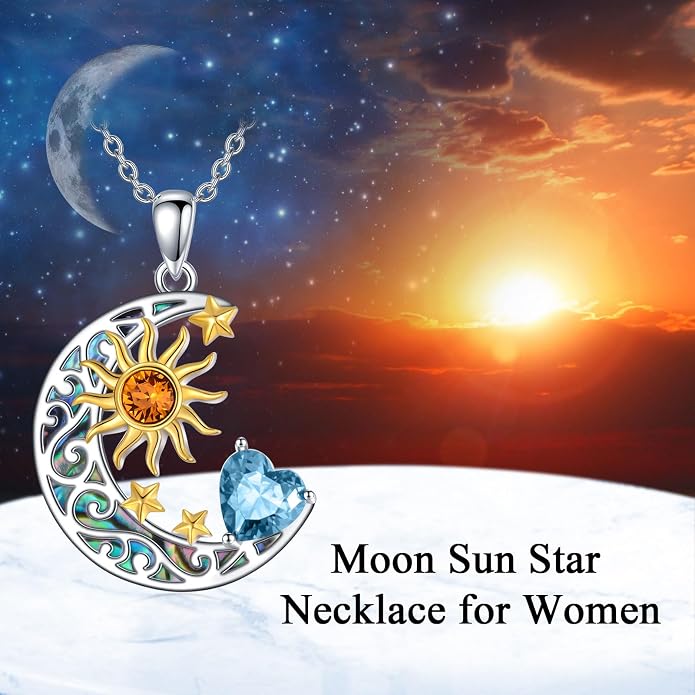 AOBOCO 925 Sterling Silver Sun and Moon Star Pendant Necklace with Simulated Birthstone, Birthday Christmas Jewelry Gift for Women Teen Girls