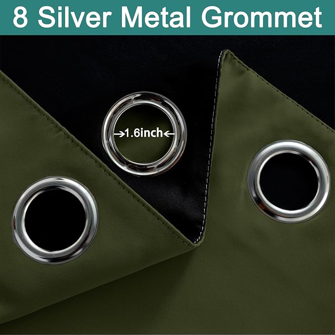 Yakamok Olive Green 100% Blackout Curtains 63 Inches Long 52" Wide 2 Panels | Blackout Curtain Panels for Bedroom, 2 Thick Layers Grommet Top Thermal Insulated Drapes with Black Liner for Living Room