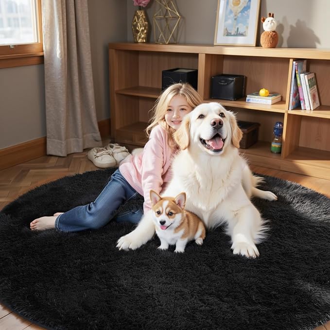 Super Soft Circle Rugs for Girls Princess Castle Toddlers Play Tent 3 Diameter Circular Area Rugs for Bedroom Home Decor Round Shag Playhouse Carpets(Φ3, Black)