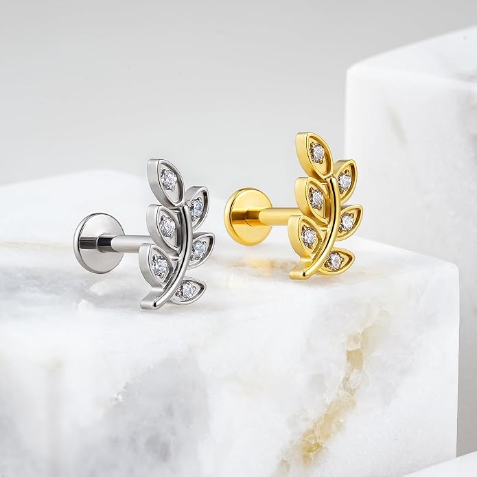 FINE4U 1PC Leaf Flat Back Stud Flat, Helix, Conch, Tragus 6mm 8mm - ASTM F136 Titanium Screw on Body Piercing Jewelry