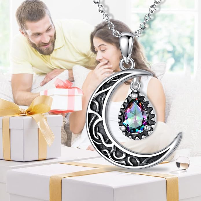 VONALA Crescent Moon Necklace Sterling Silver Emerald/Red/Purple/Black/Rainbow Topaz/Green/Aquamarine/Blue/Moss Agate Celtic Moon Teardrop Necklace Celtic Jewelry Gifts for Women Birthday