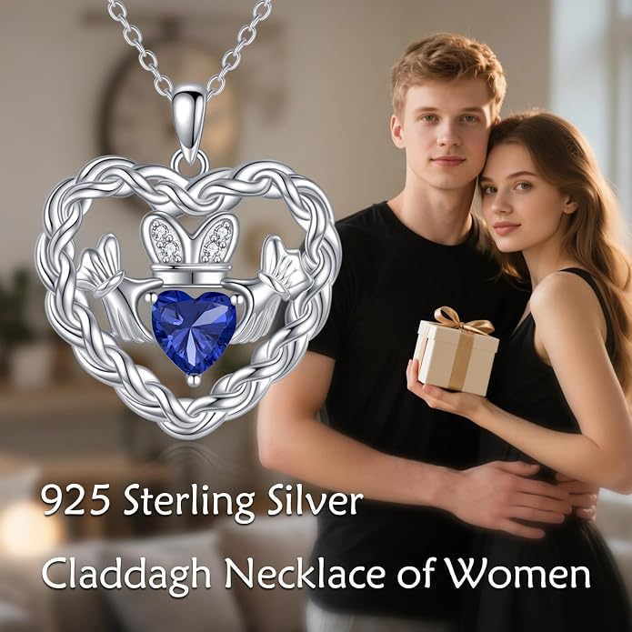 Birthstone Claddagh Heart Necklace 925 Sterling Silver Heart Celtic Knot Claddagh Necklace Pendant Irish Jewelry Gifts for Women Mom Wife Sister Christmas Birthday,18+2 inch