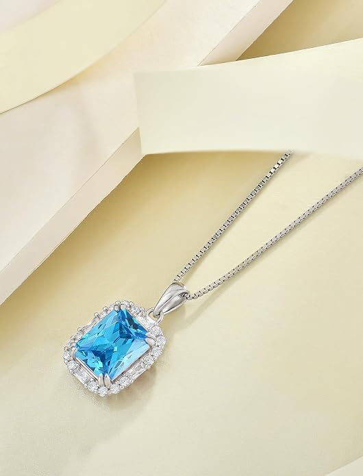 Princess Cut Necklaces for Women, 925 Sterling Silver Emerald Cut Birthstone Pendant Necklace Halo Square Rectangle Jewelry Gifts for Her
