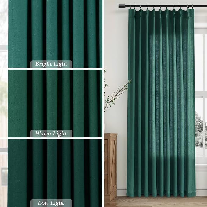 Aersas Dark Green Pinch Pleated Linen Curtains 90 Inch Length 2 Panels for Living Room Bedroom Semi Sheer Window Curtain Boho Neutral Back Tab Pinch Pleat Drape with Hooks 40x90