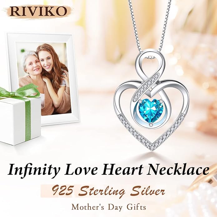 RIVIKO Infinity Heart Symbol Necklace for Women 925 Sterling Silver Love Heart Pendant Mothers Day Anniversary Birthday Christmas Jewelry Gifts for Women Mom Wife Sister Her Friends