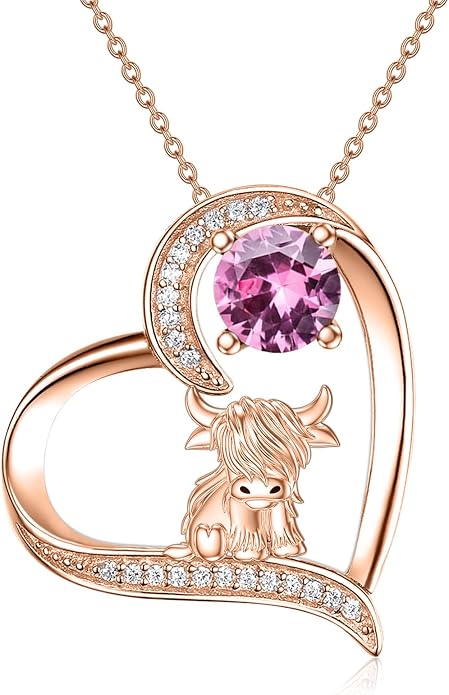 Highland Cow Gifts for Women 925 Sterling Silver Highland Cow Birthstone Necklace Fluffy Cow Jewelry Gifts Birthday Christmas