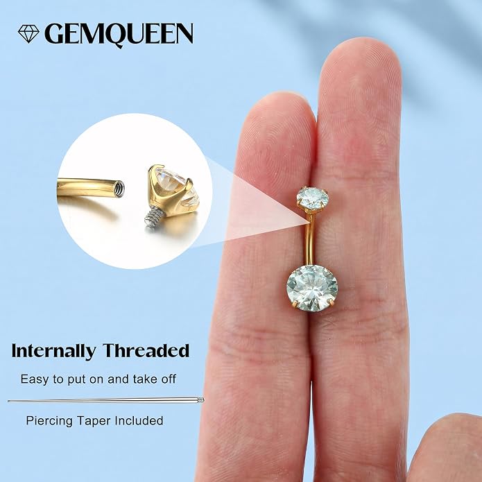 GEMQUEEN Moissanite ＆ G23 TItanium Belly Button Ring 18K Gold Plated Hypoallergenic Internally Threaded Belly Rings 14G Navel Piercing Jewelry For Women Men D Color VVS1 Clarity Brilliant Cut