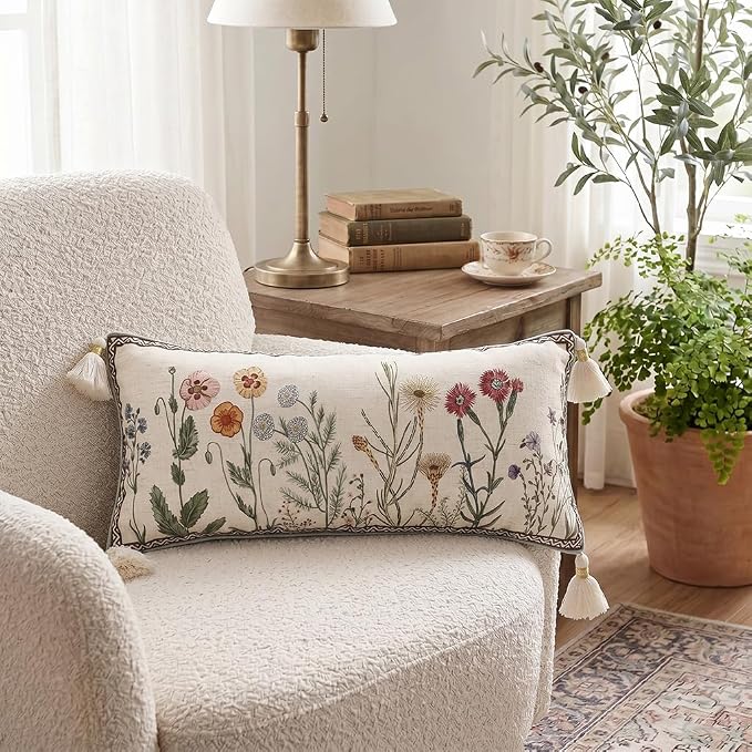 ISAENNE Designer Linen Throw Pillow Cover,Set of 2,28"x12"-Serenity D | French Elegant Rectangle Decor Pillow Cover,Concealed Zipper Design,Light Beige,Sofa,Bedroom,Living Room,Chairs
