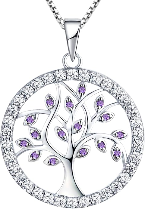 YL Tree of Life Necklace Sterling Silver Tree Pendant Created Amethyst Round Halo Jewelry for Women