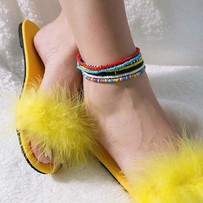 XIJIN 8Pcs Handmade Beaded Anklets for Women Boho Colorful Beads Ankle Bracelets Adjustable Foot Anklet Set