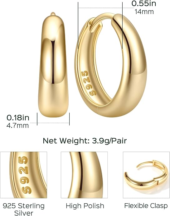 ChicSilver Solid 925 Sterling Silver Chunky Hoop Earrings for Women, Silver Small Thick Huggie Earrings Hypoallergenic Lightweight Silver Hoop Earrings for Sensitive Ears (8/10/12/14mm)